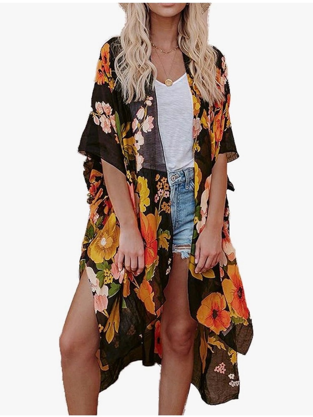 Floral Wrap Tunic Top in Black with Pink & Orange Flowers